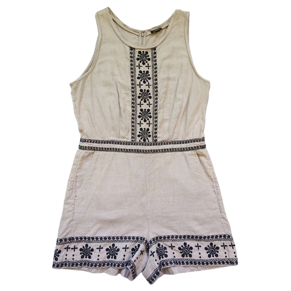 LOFT Pants - LOFT 100% Linen Khaki Tan Black Embroidered Sleeveless Romper Pockets Boho